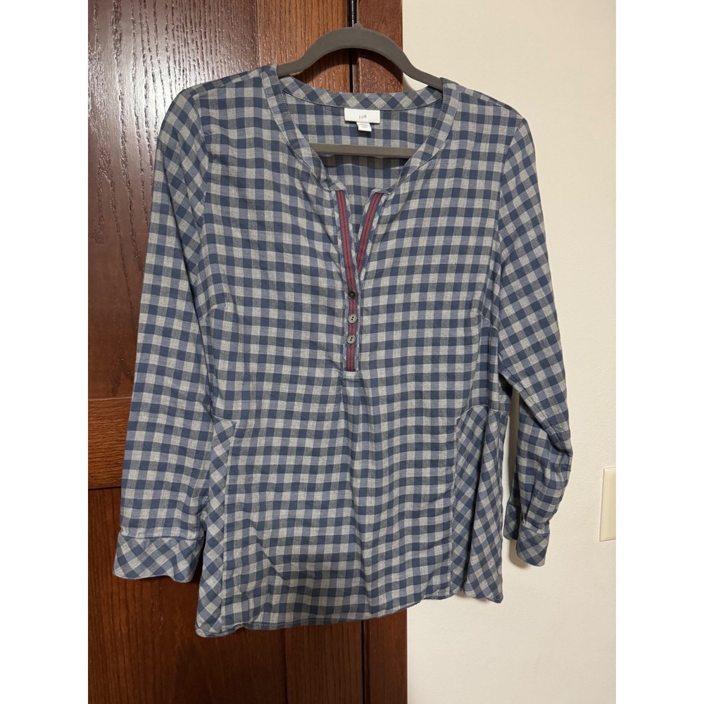 J. Jill Blue Grey Gingham Henley Peplum Tunic Top Large Petite 144482
